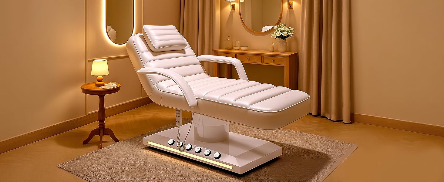 Electric Massage Table with LED Light, Adjustable Facial Bed with Foot Control for Spa, Tattoo, Waxing, and Eyelash Extension, Removable Headrest and Armrest, 90° Back & Leg Adjustment (White)