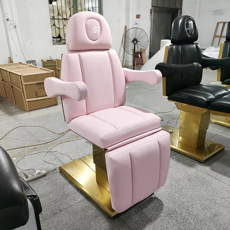 Luxury Gold Metal Base White Leather Facial Spa Salon Bed 3 Motors Electric Adjustable Massage Beauty Bed
