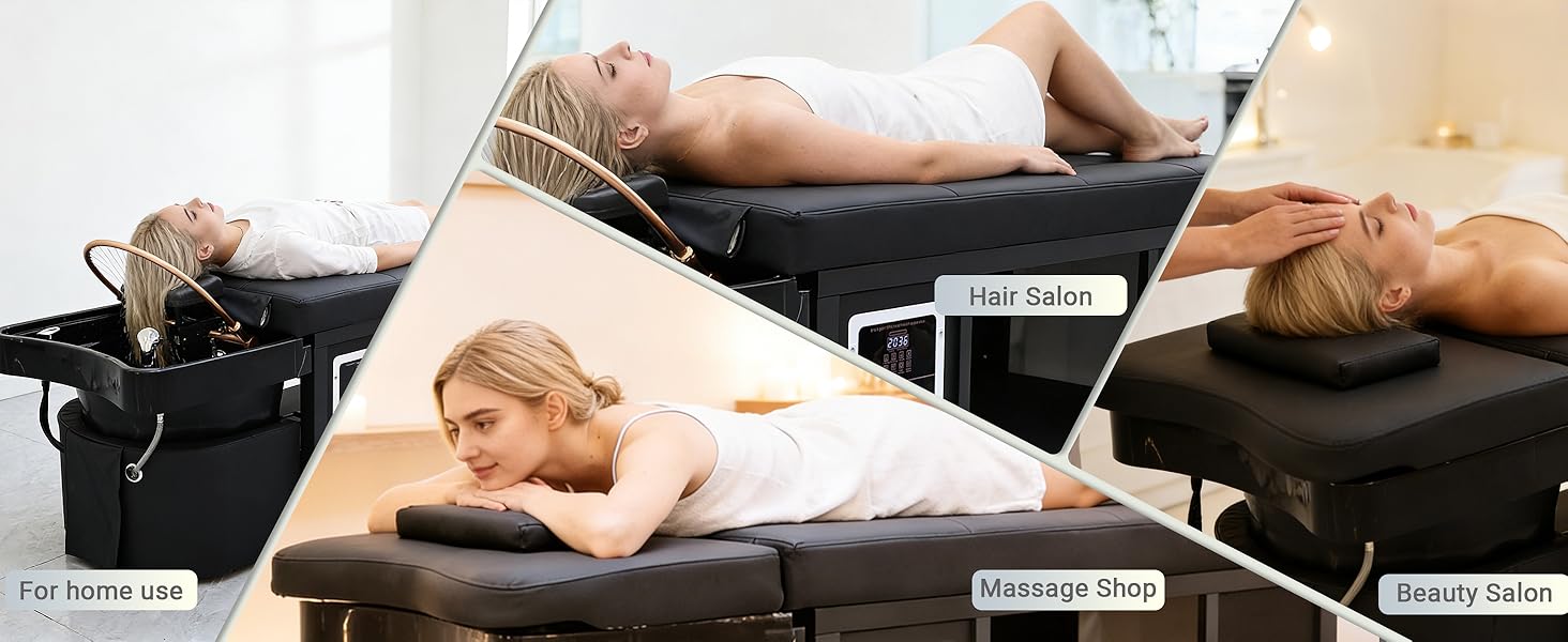 Head Spa Bed, Japanese Head Spa, Shampoo Bed, with Water Circulation & Fumigation Therapy, Scalp Care Massage Table for Barbershop, Salon Station, Massage Parlor (All Black)