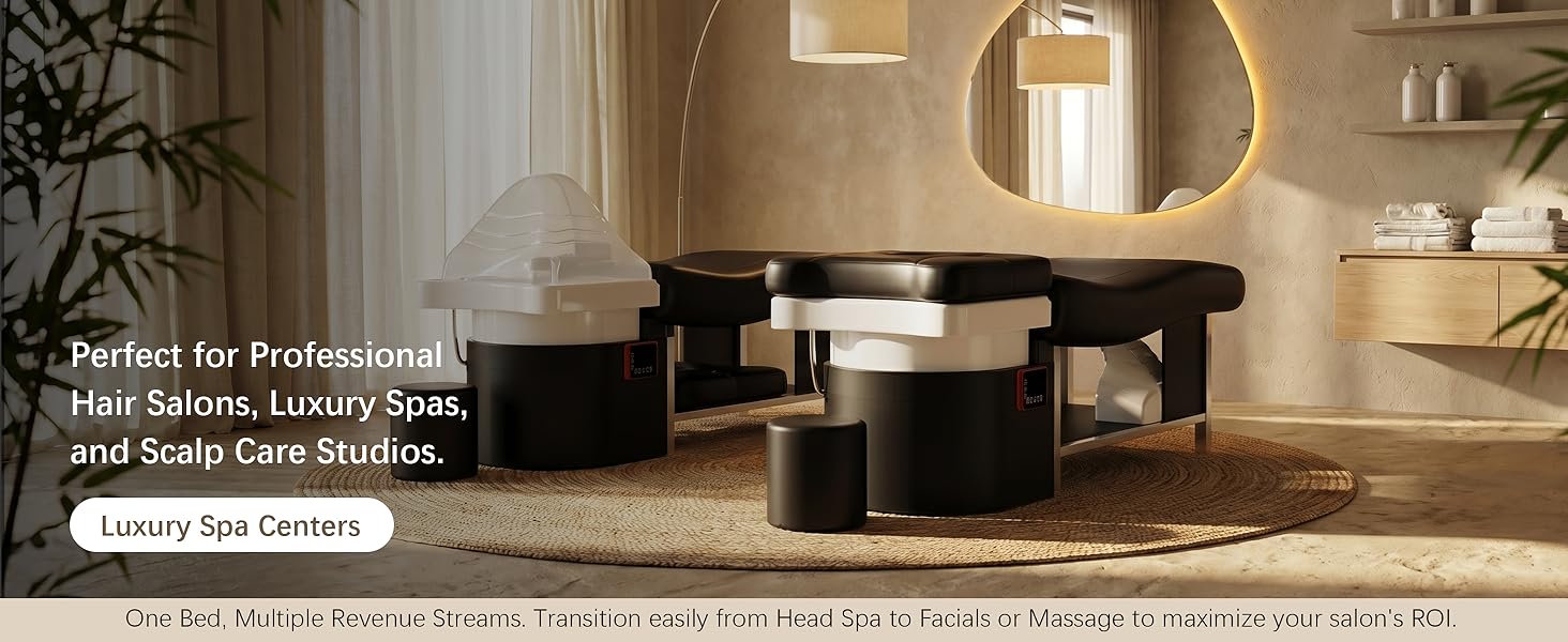 Baasha Spa Shampoo Bed with Steaming & Water Circulation, 7-Color Light Therapy, Memory Foam Massage Table with Shampoo Bowl, All-in-One Head Spa Equipment & Facial Bed