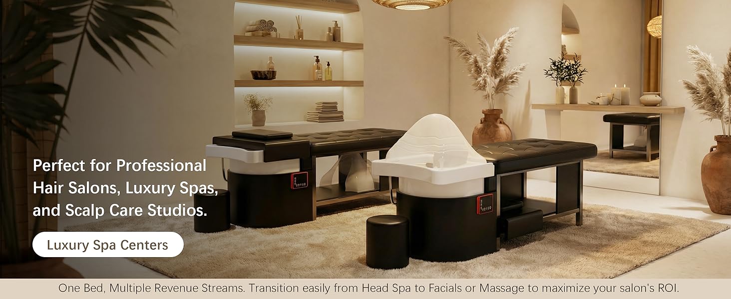 Baasha Luxury Japanese Head Spa Bed with Water Circulation & Steam, 7-Color Light Therapy Table, All-in-One Shampoo Station for Hair Salon, Spa & Home Estheticians, High-Density Memory Foam