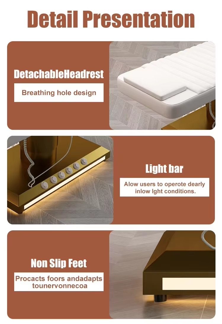 Modern White Gold Esthetician Curve Beauty Salon Bed Luxury Foot Control 3 Motors Electric Facial Spa Massage Table Lash Bed