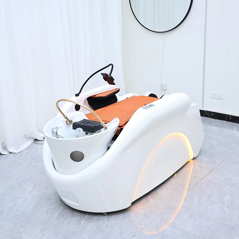 New Design Beauty Salon Furniture White Electric Full-automatic Massage Shampoo Bed Lay Down Luxury Washing Chair for Sale