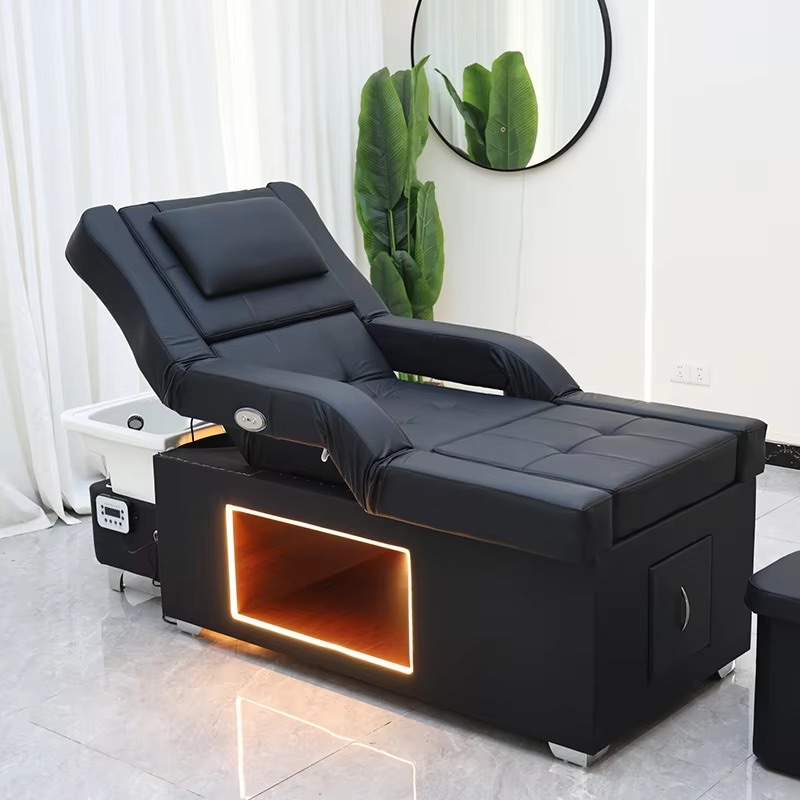 Modern Thai Barbershop Furniture Head Adjustable Washing Bed Luxury Lay Down Head Spa Shampoo Bed with Foot Bath Basin