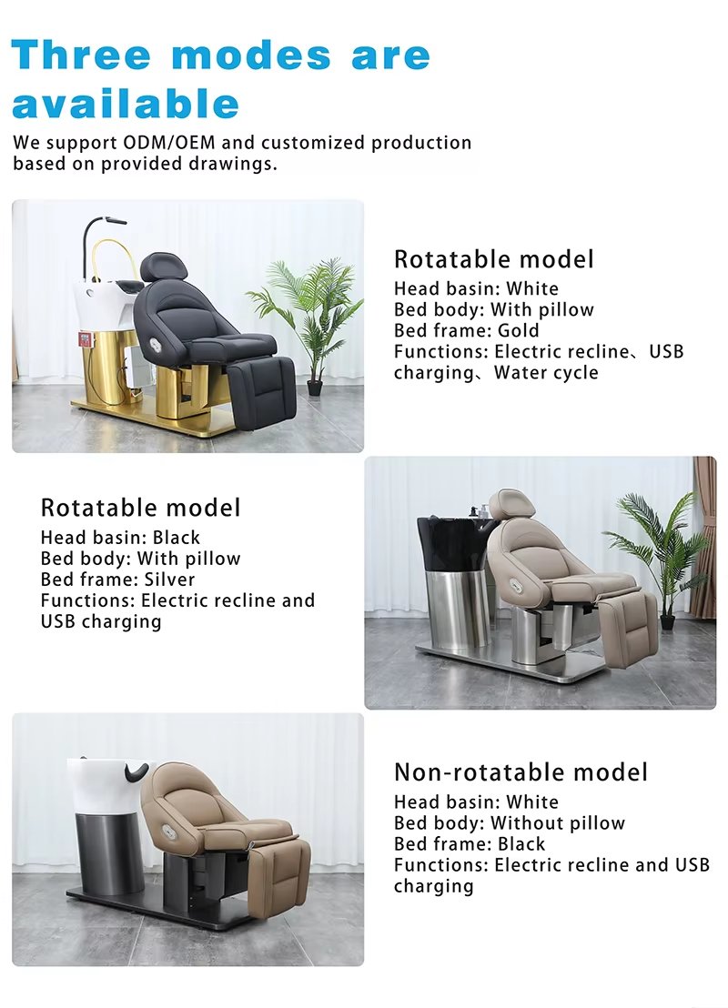 Luxury Gold Stainless Steel Base Electric Reclining Washing Chair Bed Modern Rotation Barbershop Furniture Shampoo Chair