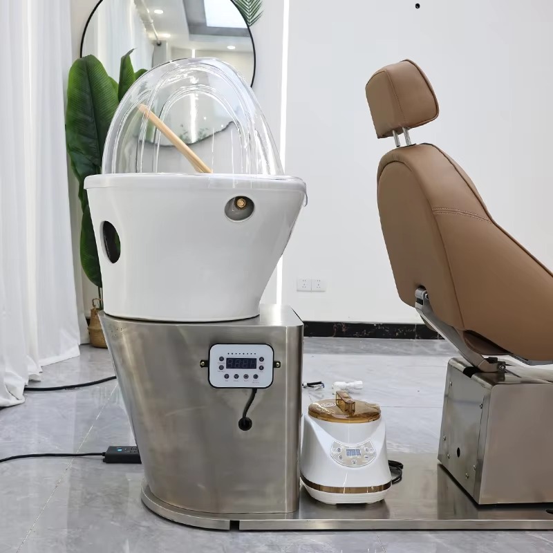 Luxury Silver Stainless Steel Base Electric Reclining Washing Chair Bed Modern Multifunction Barber Shop Swivel Shampoo Chair