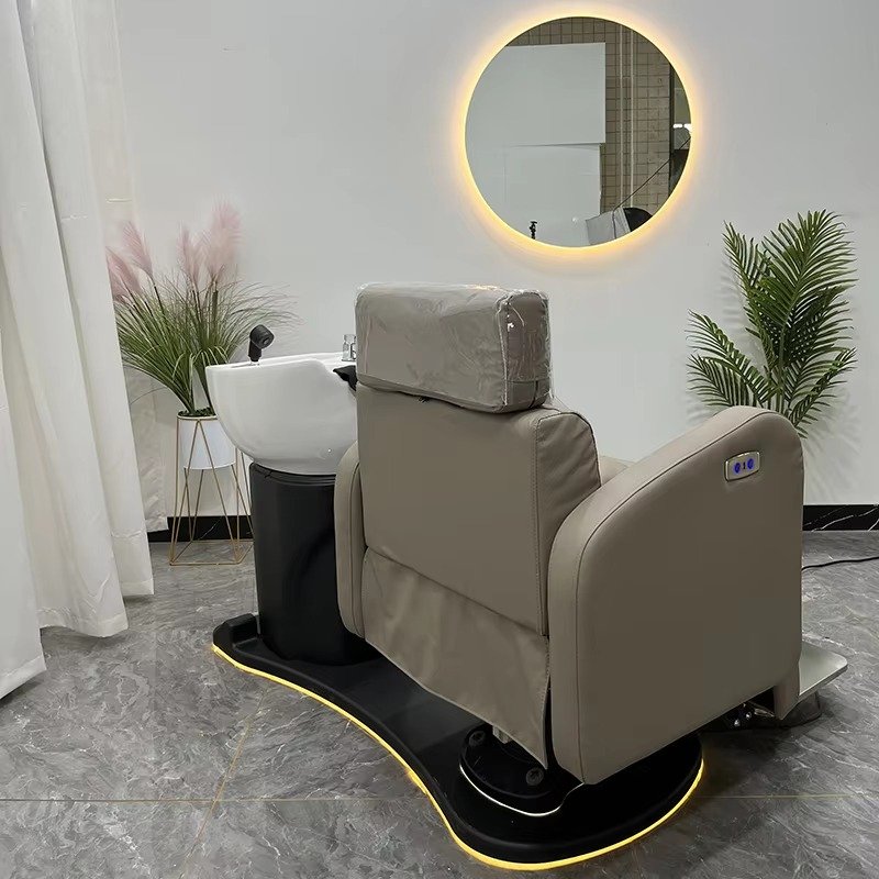 Modern Orange Leather Hairdressing Shampoo Bed Electric Hair Salon Washing Chair with Led Lighting