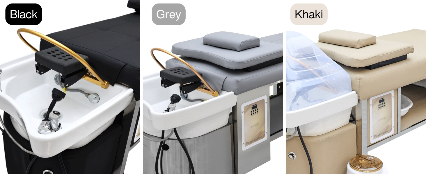 DERMALOGIC Metro Head Spa Bed, U-Shape Water Massage Shampoo Backwash Unit with Cover Pillow, Spa Resort Hair Salon Equipment, Khaki
