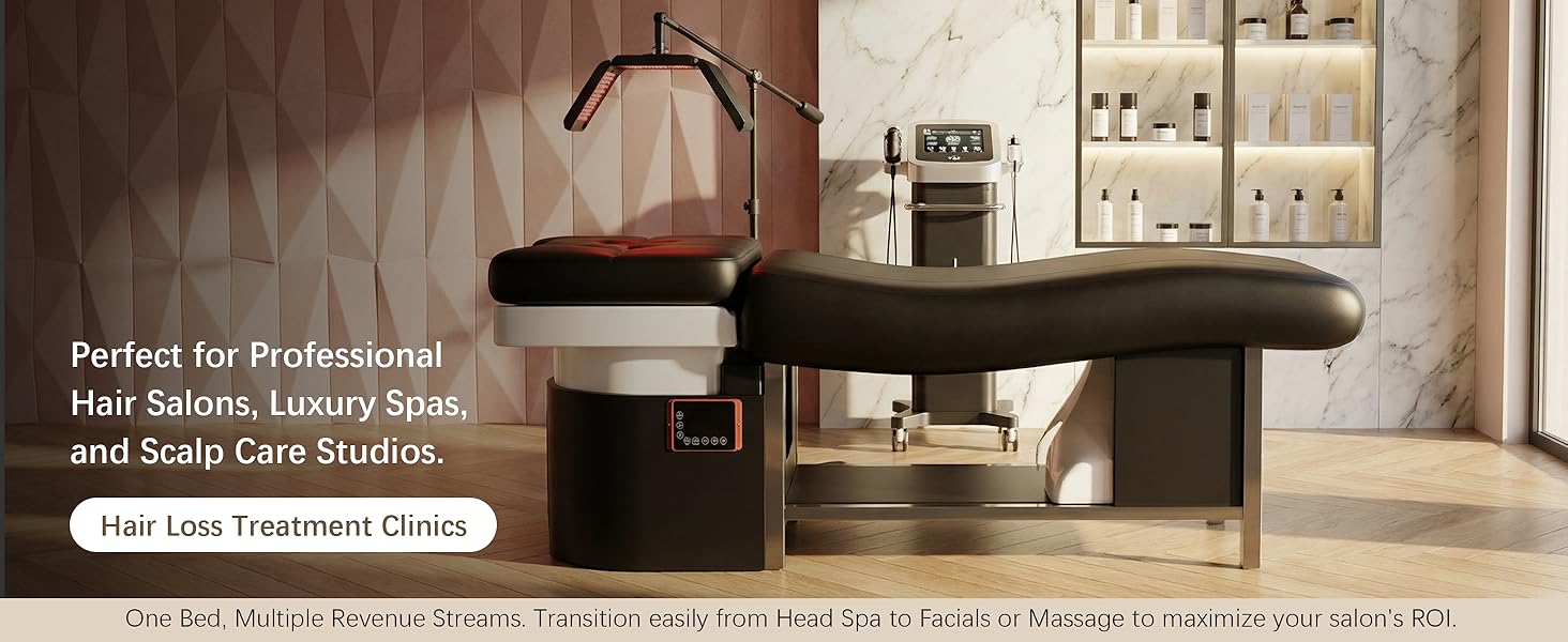 Baasha Spa Shampoo Bed with Steaming & Water Circulation, 7-Color Light Therapy, Memory Foam Massage Table with Shampoo Bowl, All-in-One Head Spa Equipment & Facial Bed
