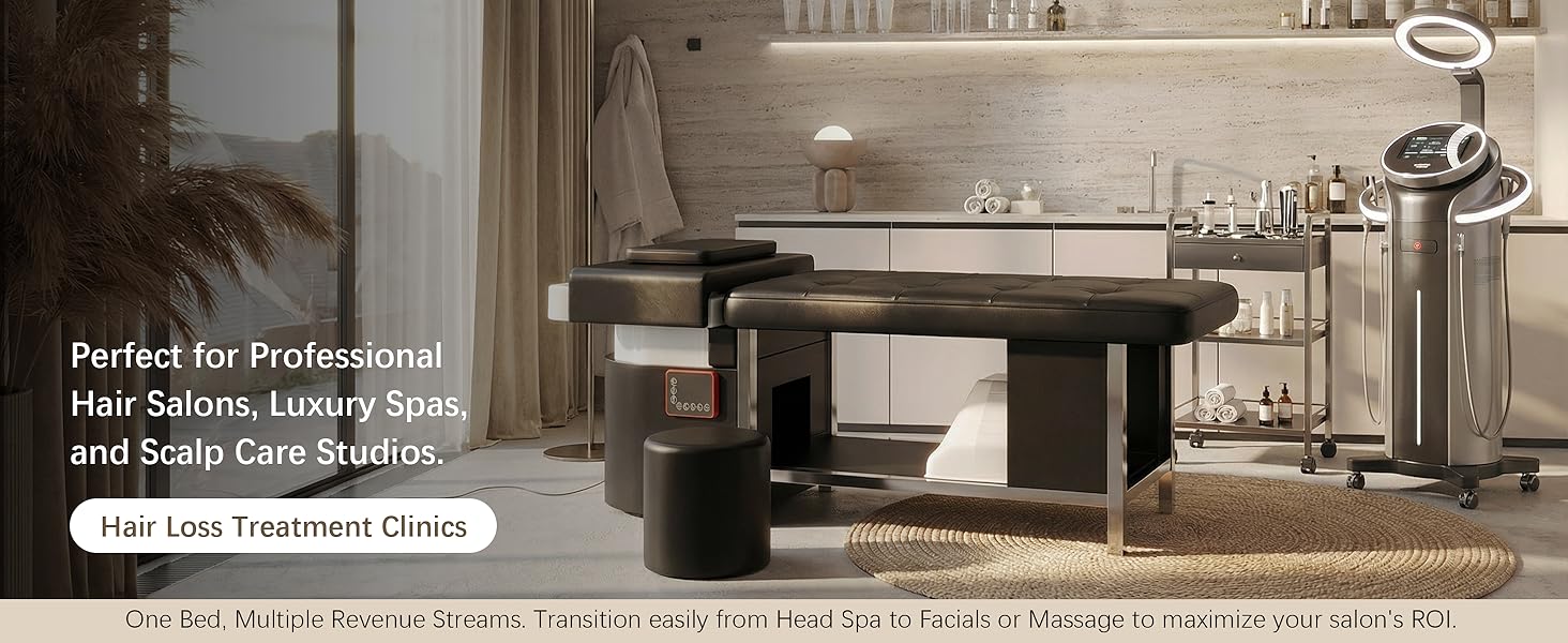 Baasha Luxury Japanese Head Spa Bed with Water Circulation & Steam, 7-Color Light Therapy Table, All-in-One Shampoo Station for Hair Salon, Spa & Home Estheticians, High-Density Memory Foam