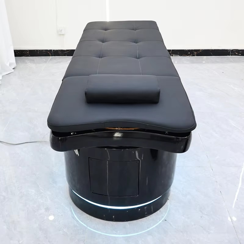 Thia Style Water Circulation Full Black Washing Chair Bed Modern Lay Down Head Therapy Spa Shampoo Bed with Lights and Steamer