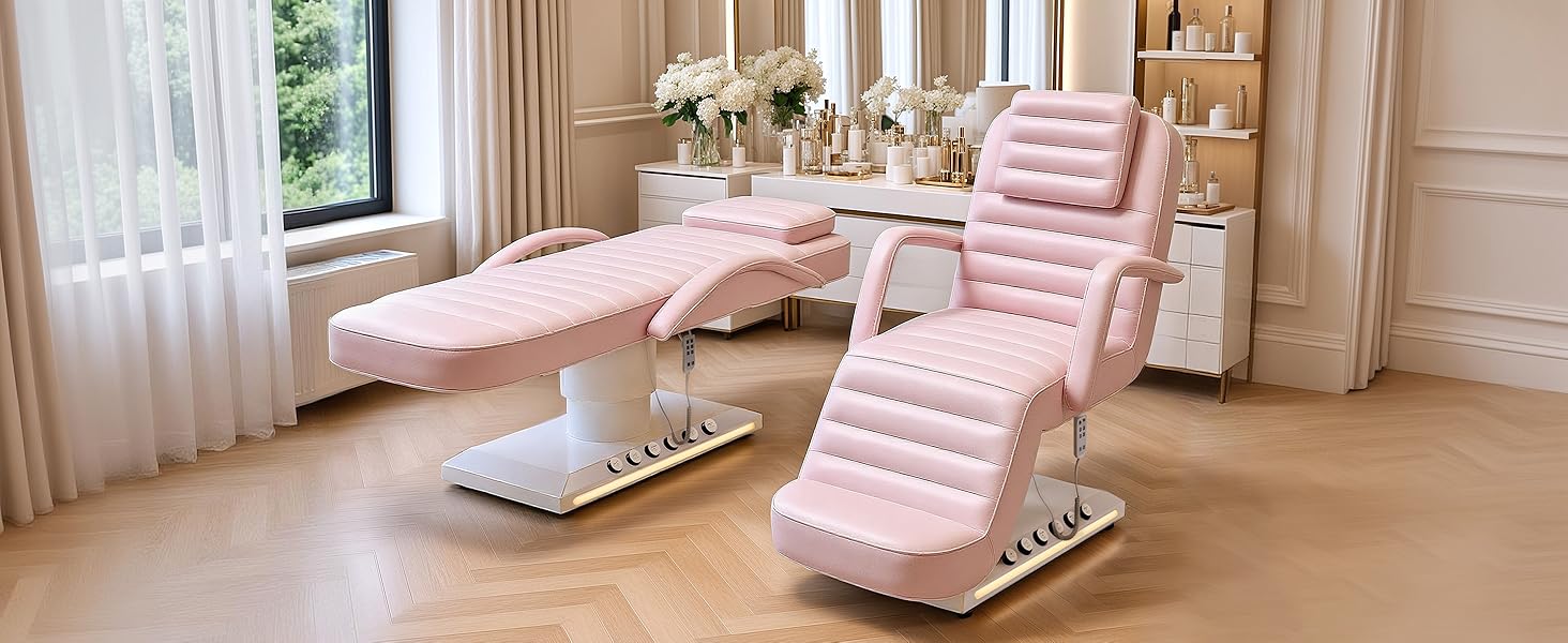 Electric Massage Table with LED Light, Adjustable Facial Bed with Foot Control for Spa, Tattoo, Waxing, and Eyelash Extension, Removable Headrest and Armrest, 90° Back & Leg Adjustment (Pink)