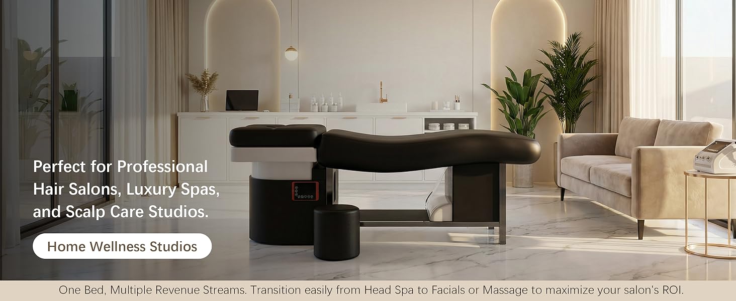 Baasha Spa Shampoo Bed with Steaming & Water Circulation, 7-Color Light Therapy, Memory Foam Massage Table with Shampoo Bowl, All-in-One Head Spa Equipment & Facial Bed