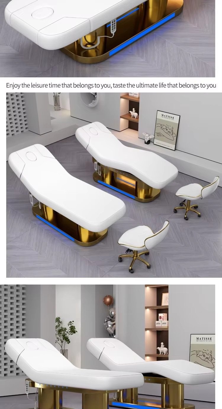 Modern Beauty Salon Furniture Gold Base Therapy Medical Massage Table Luxury 4 Motors Electric Facial Spa Bed with Lights