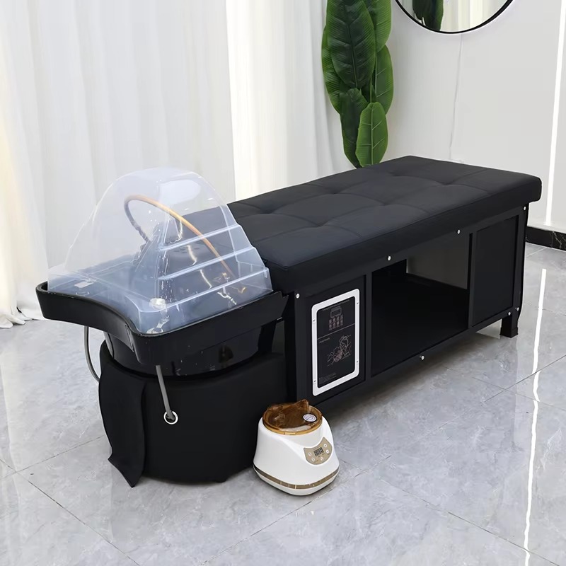 Thai Style Lay Down Barber Shop Water Circulation Washing Bed Modern Luxury Full Black Salon Shampoo Bed with Steamer