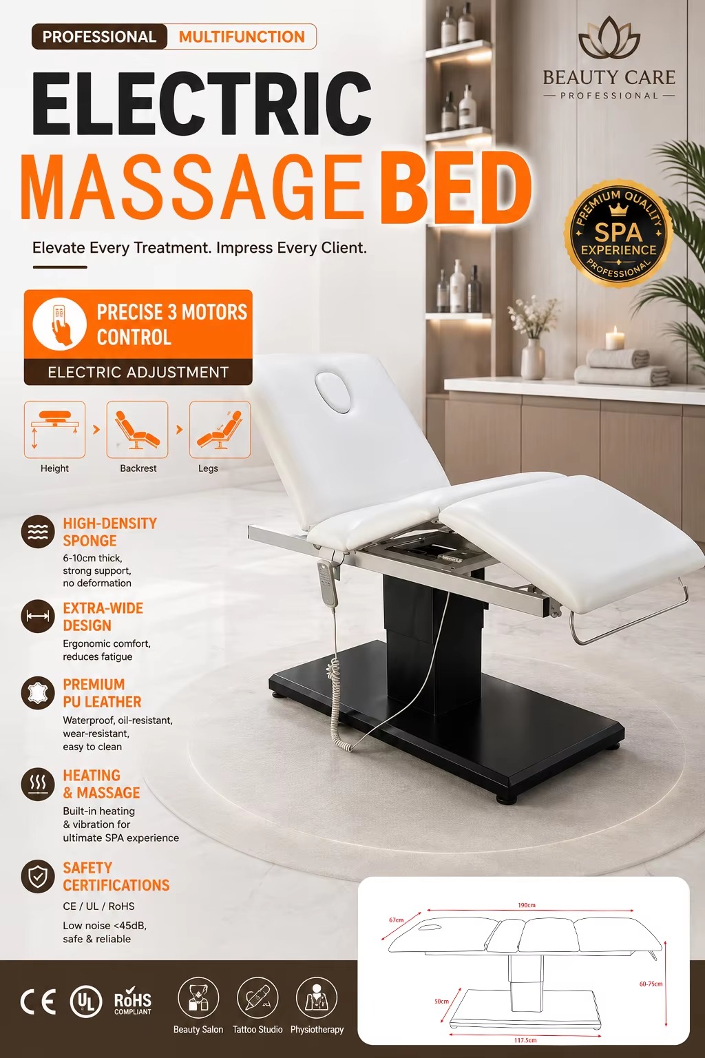 Multi Function Heated Adjustable Spa Facial Salon Treatment Table Electric Beauty Bed Electric Massage Bed