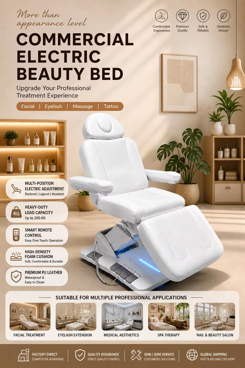 Electric Beauty Bed 3 Motor Facial Treatment Table Adjustable Massage Bed for Spa Salon Esthetician