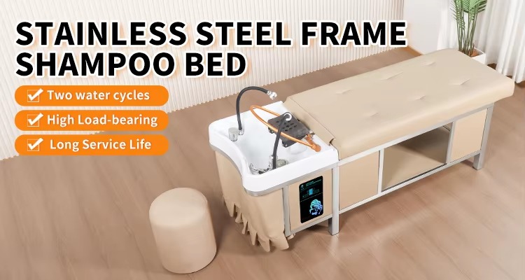 Multi Function Salon Furniture Equipment Double Tap Water Circulation Head Spa Stainless Steel Frame Massage Table Shampoo Bed