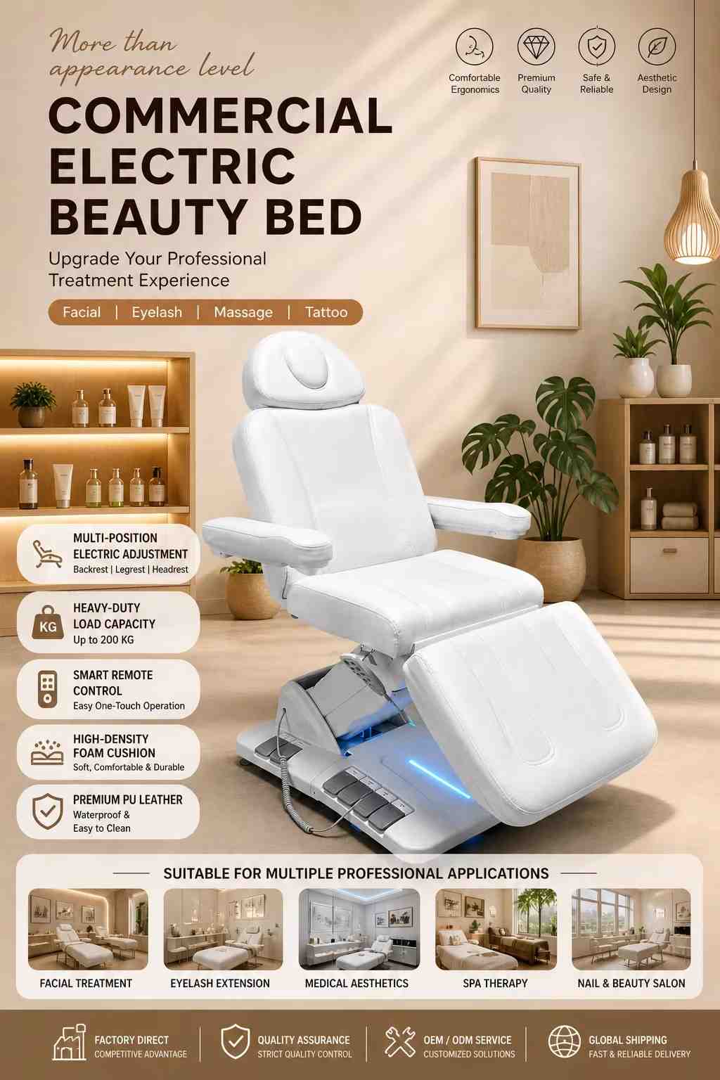 Electric Beauty Bed 3 Motor Facial Treatment Table Adjustable Massage Bed for Spa Salon Esthetician