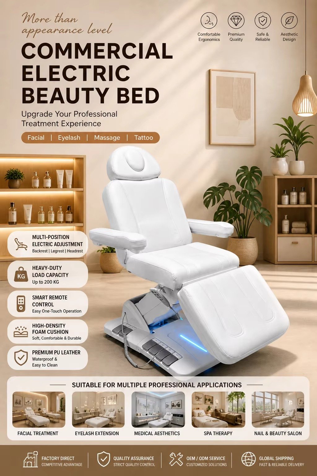 Electric Beauty Bed 3 Motor Facial Treatment Table Adjustable Massage Bed for Spa Salon Esthetician