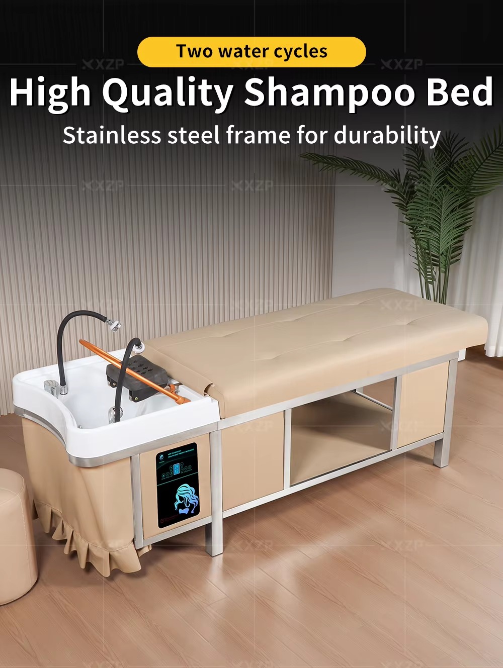 Multi Function Salon Furniture Equipment Double Tap Water Circulation Head Spa Stainless Steel Frame Massage Table Shampoo Bed