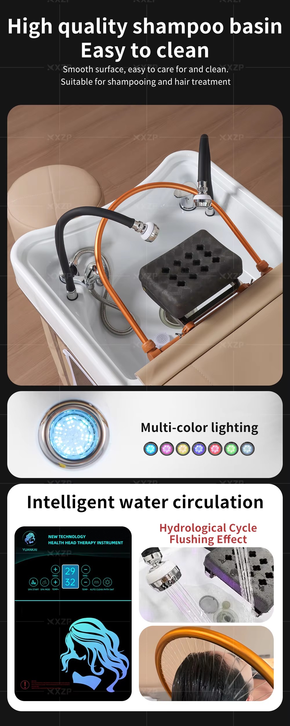 Multi Function Salon Furniture Equipment Double Tap Water Circulation Head Spa Stainless Steel Frame Massage Table Shampoo Bed