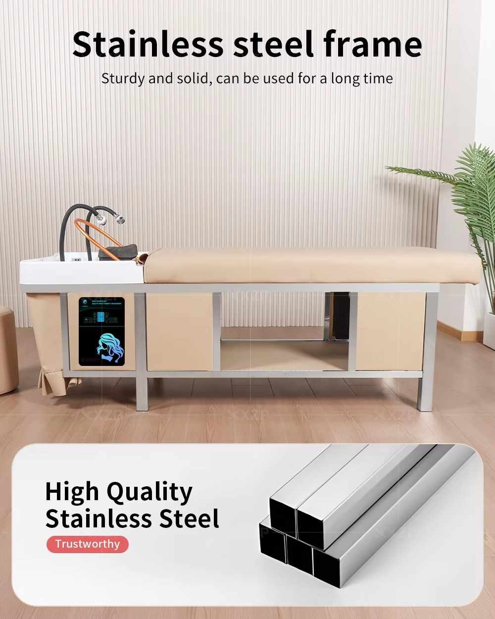 Multi Function Salon Furniture Equipment Double Tap Water Circulation Head Spa Stainless Steel Frame Massage Table Shampoo Bed