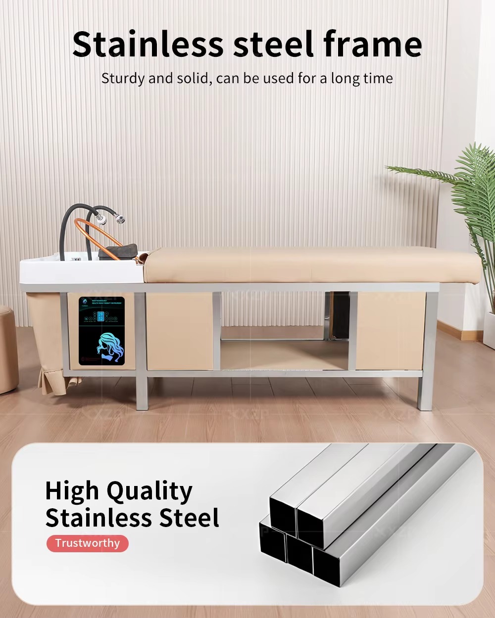 Multi Function Salon Furniture Equipment Double Tap Water Circulation Head Spa Stainless Steel Frame Massage Table Shampoo Bed