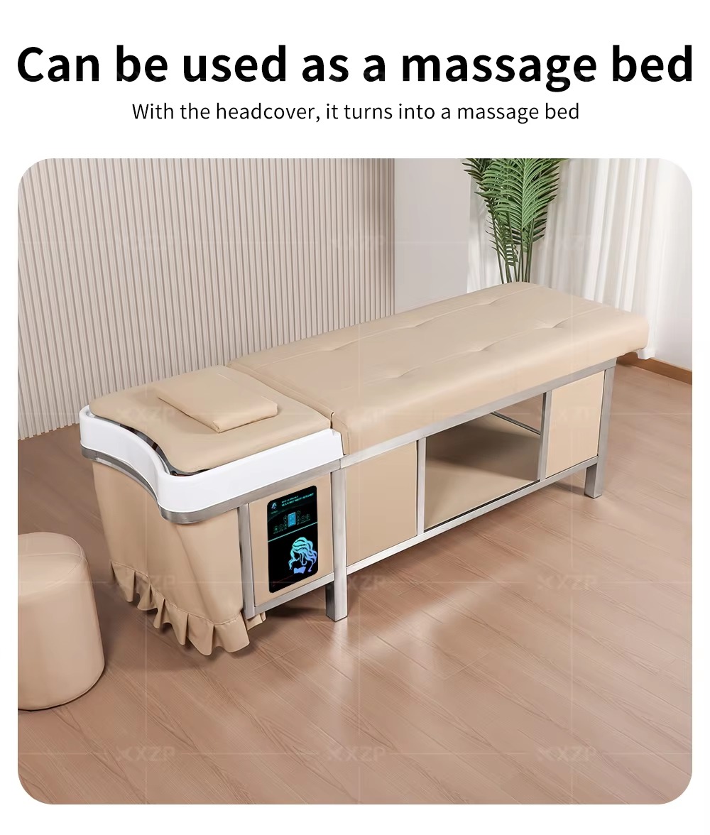 Multi Function Salon Furniture Equipment Double Tap Water Circulation Head Spa Stainless Steel Frame Massage Table Shampoo Bed