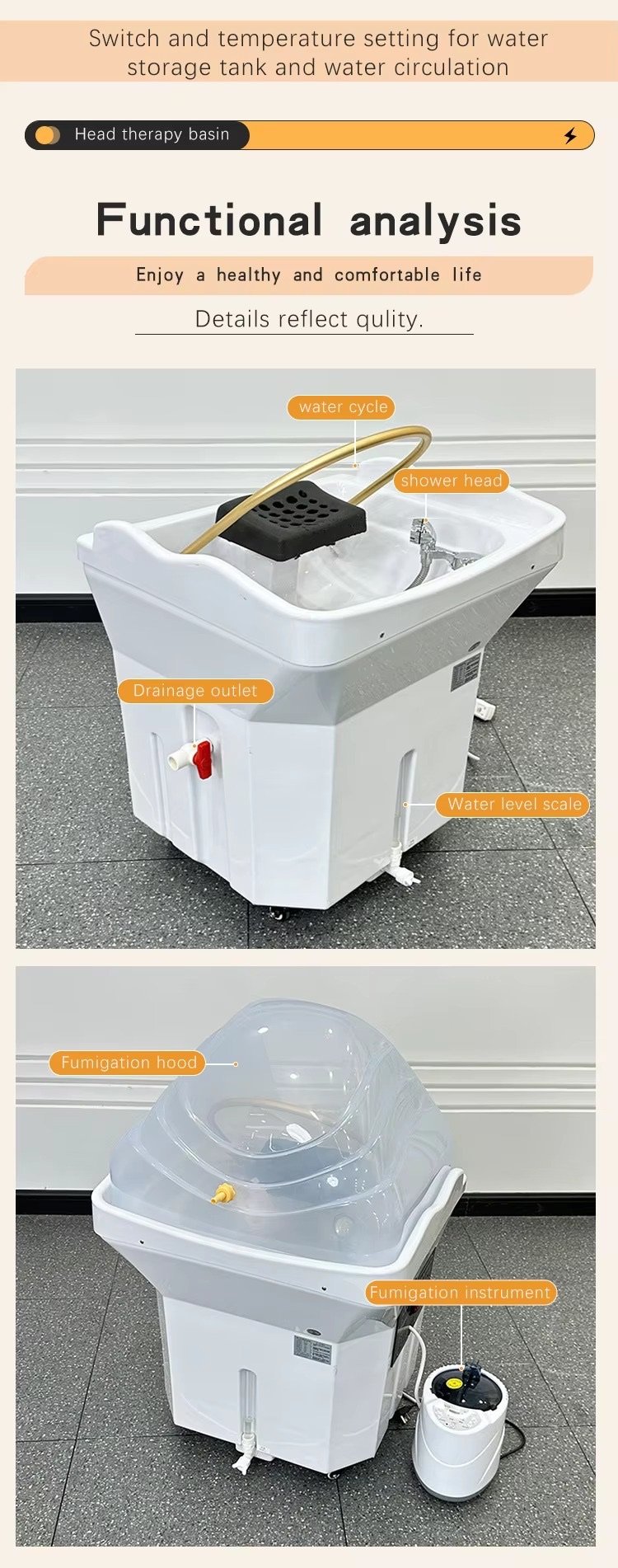 Movable Head Spa Shampoo Sink Water Circulation System Durable Modern Adjustable Hair Washing Bed Basin Professional Apartment