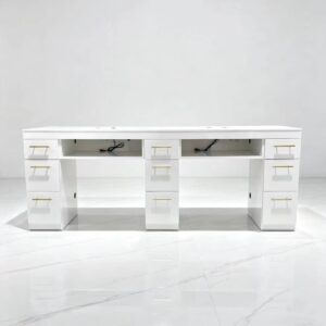 2-station MDF manicure desk with vacuum, marble top and drawers, custom size salon station