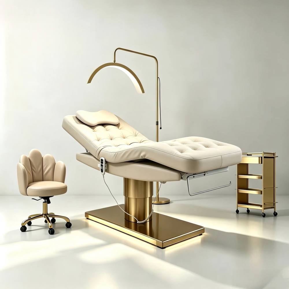 Curved electric lash bed with gold base and 2-motor height adjustment for esthetician and facial use