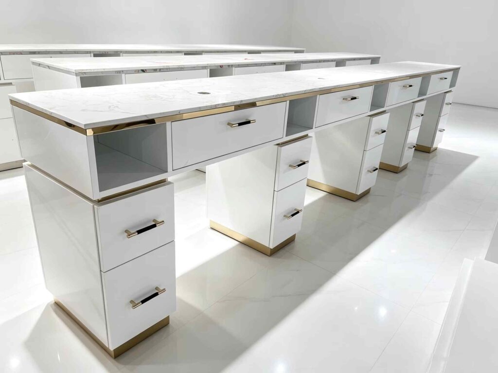 Luxury white manicure table with marble countertop and gold trim, multi-drawer nail salon station
