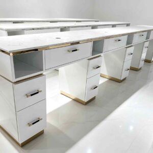 Luxury white manicure table with marble countertop and gold trim, multi-drawer nail salon station