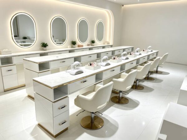 Luxury white manicure table with marble countertop and gold trim, multi-drawer nail salon station
