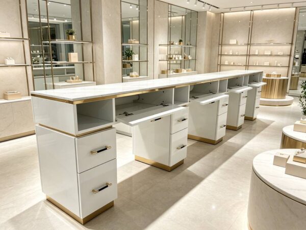 Luxury white manicure table with marble countertop and gold trim, multi-drawer nail salon station