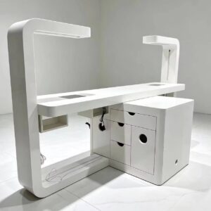 Modern Double Station Wood Nail Table Marble Top LED Light White Gloss Manicure Desk Built-in Dust Collector Socket Salon