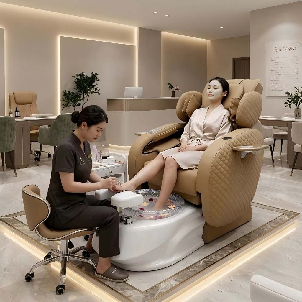 Pipeless electric pedicure massage chair with foot spa, professional nail salon furniture