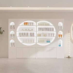 Elegant High-End Modern Wood Panel Eco-Friendly Skincare Display Cabinet Storage Multi-Functional for Beauty Salons Bathrooms