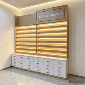 Luxury Modern Nail Polish Display Cabinet with LED Light Gold Trim Wall Mount Wood Shelf Drawer Storage for Beauty Salon