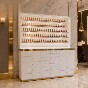 Modern White Gold Nail Polish Display Cabinet with Storage Shelves and Drawers for Professional Nail Salon Retail Furniture