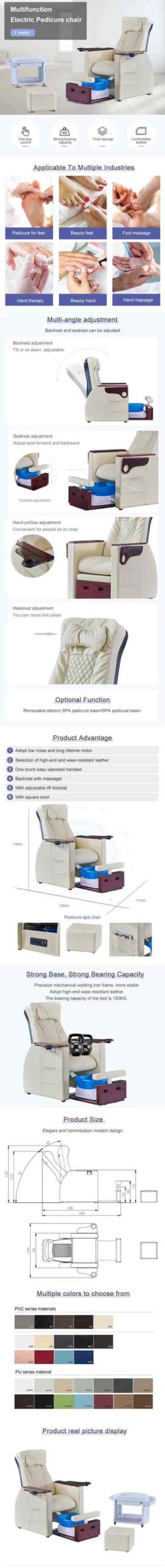 Nail salon pedicure spa chair with adjustable reclining seat, auto massage, wooden base and cube footstool